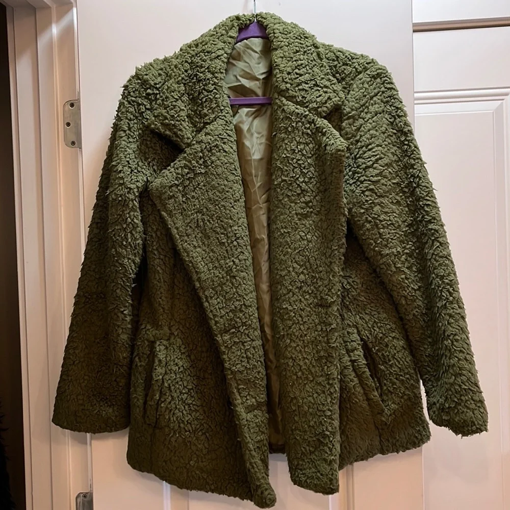Olive green fuzzy jacket - Fleece Open Front Casual Coat with Pockets size large - Picture 3 of 8